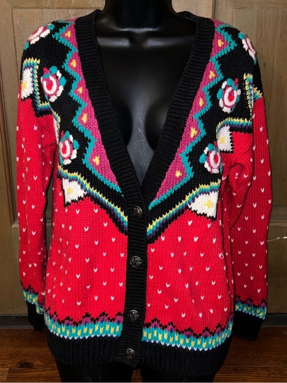 Vintage Chunky Knit Ramie Blend Cardigan Red Sweater Geometric 80’s Retro Size S - Picture 4 of 12
